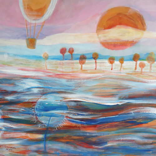 Pejzaż z balonem na rozgrzane powietrze | 81 x 65
